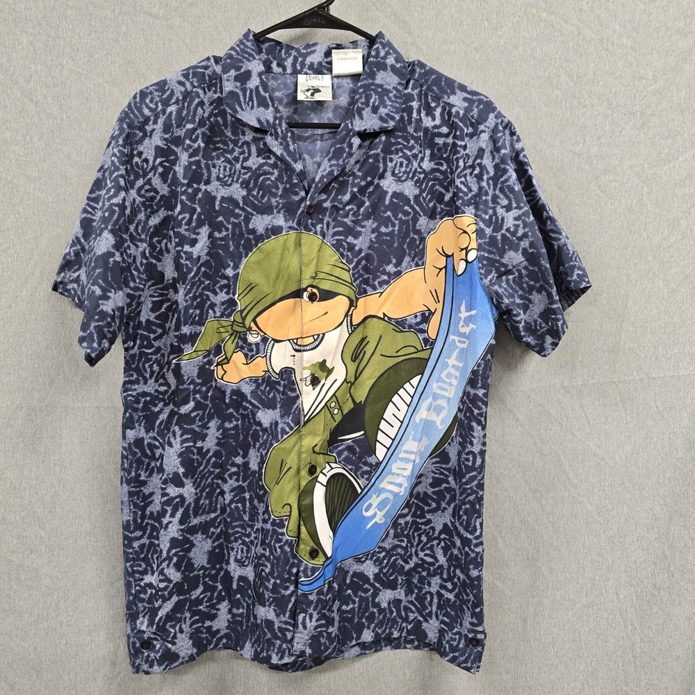 Gnarly Kids Snowboarder Graphic Button Down Shirt Navy Blue L 14-16 Short Sleeve